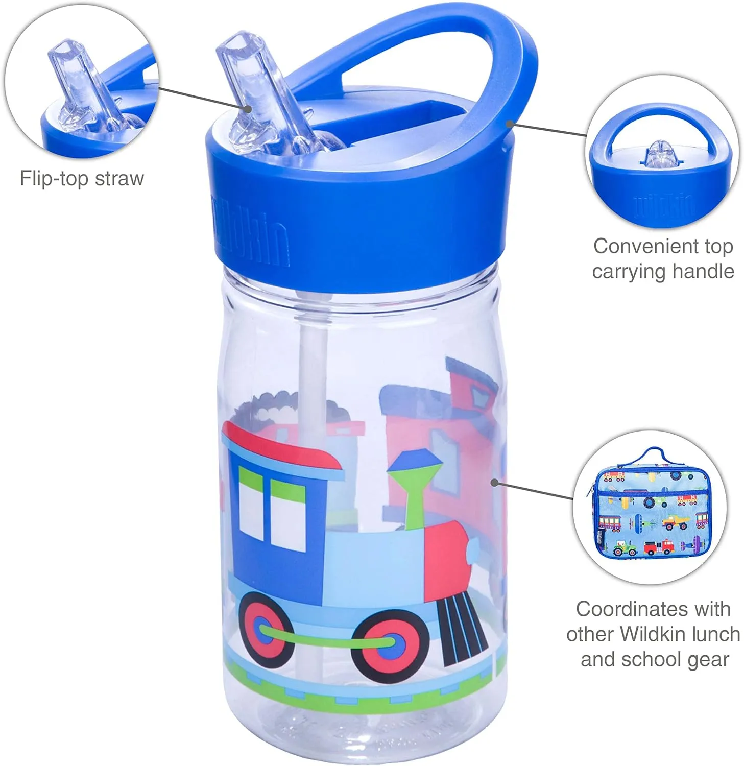 Wildkin Kids Reusable 16 Ounce Water Bottle for Boys and Girls, Features Straw Top and Carrying Handle, Ideal Size for School or Travel, Easy to Clean (Trains, Planes & Trucks)