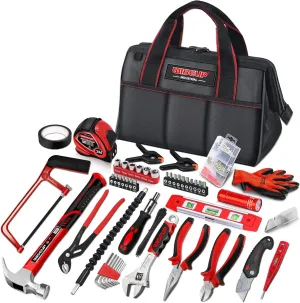 WISEUP Tool Set for Men and Women Heavy Duty,Household Basic Tool Kit for Home Repairing,DIY,Woodworking with 10-Inch Wide Mouth Open Storage Bag Warm House Gift