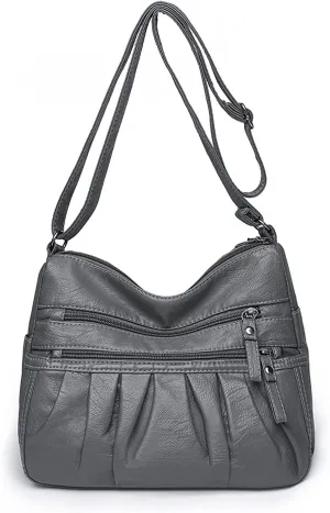 WITERY Soft Leather Multi-Pocket Shoulder Bag for Women - Retro Sling Ruched Hobo Tote Bag
