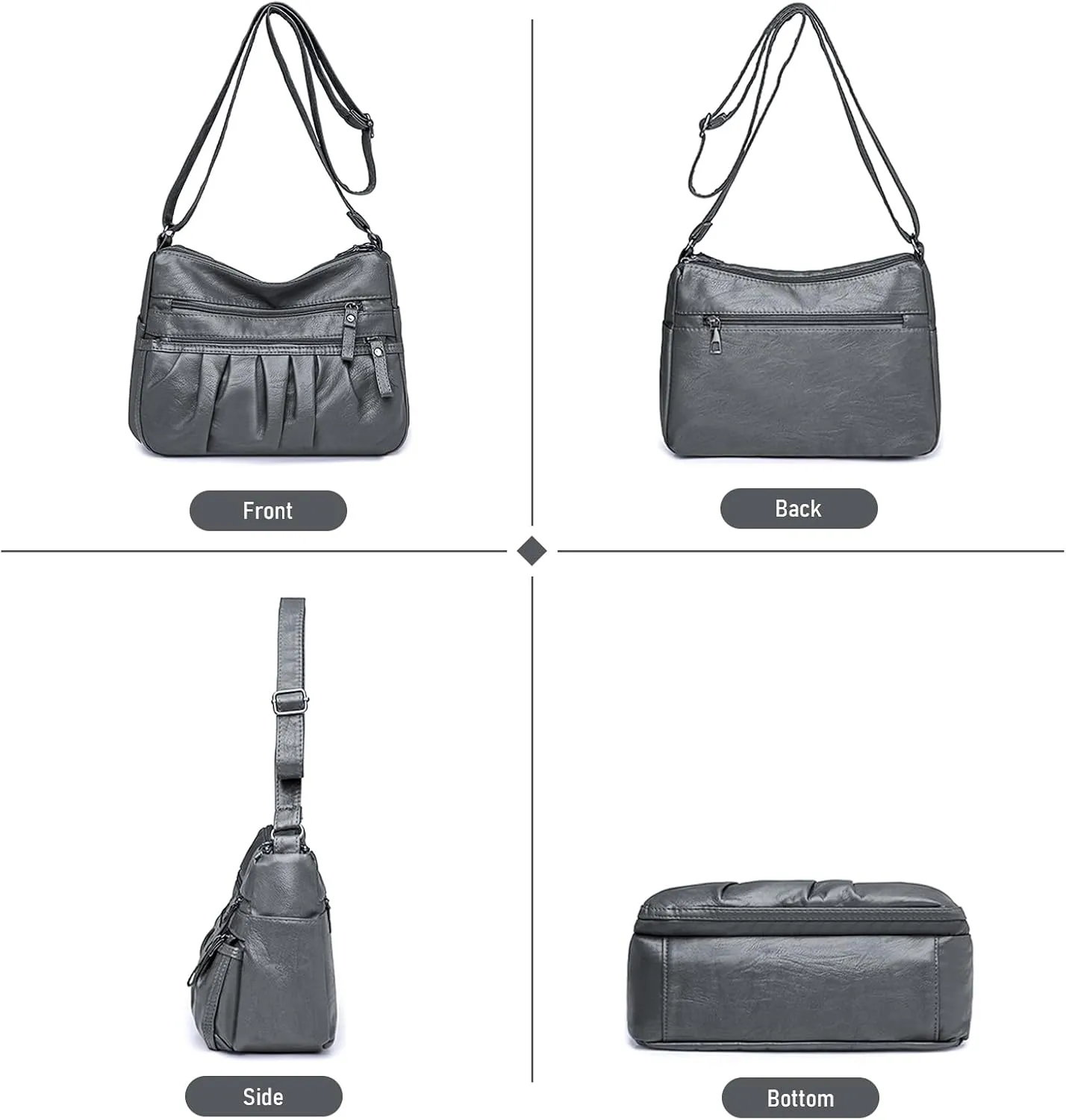 WITERY Soft Leather Multi-Pocket Shoulder Bag for Women - Retro Sling Ruched Hobo Tote Bag