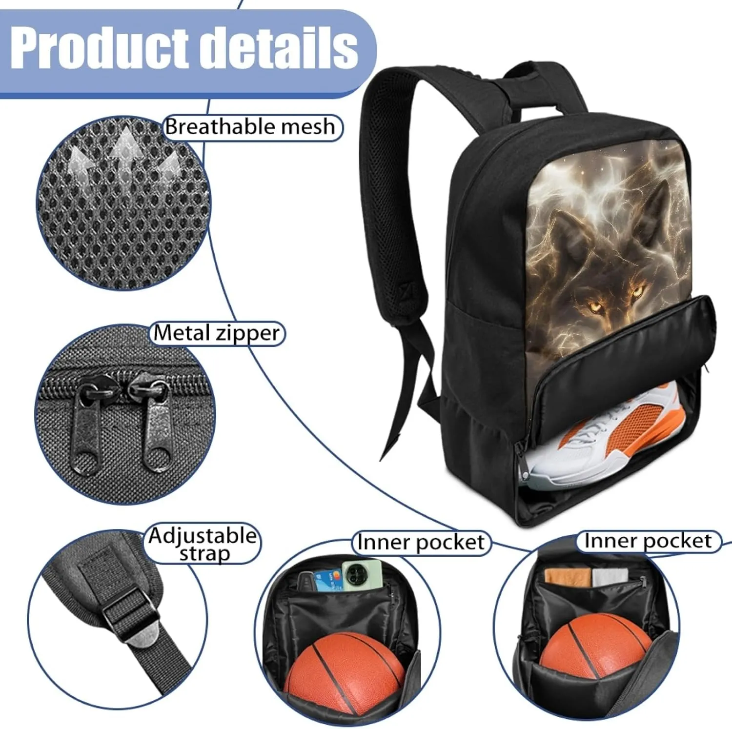 Wolf Boys Backpack for Elementary Kids Starry Duffle Bags for Age 6-14 Children Equipment Bag with Shoe and Ball Compartment Daypack for Basketball Football