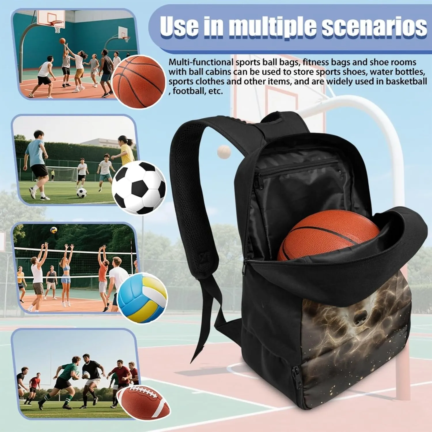 Wolf Boys Backpack for Elementary Kids Starry Duffle Bags for Age 6-14 Children Equipment Bag with Shoe and Ball Compartment Daypack for Basketball Football