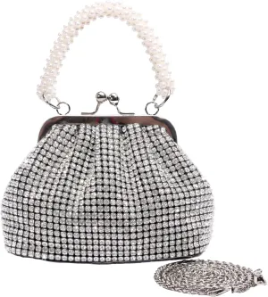 Women Evening Bag Pearl Strap Clutch Purse Bling Crystal Sparkly Rhinestone Handbag for Wedding Prom Party