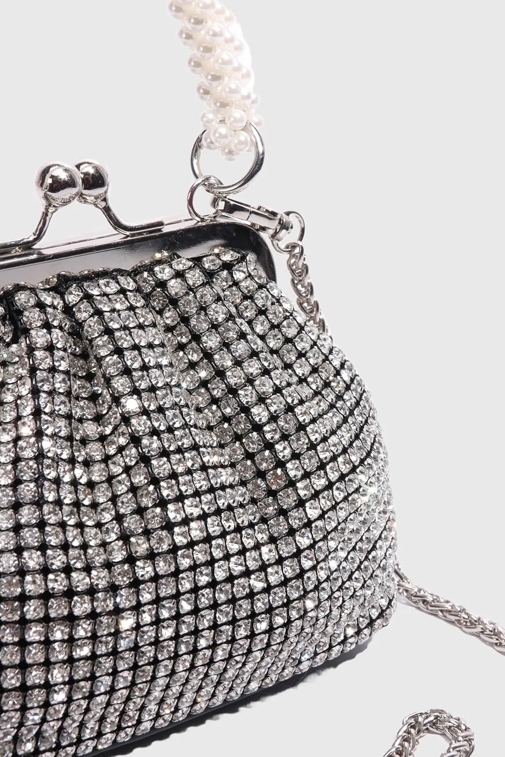 Women Evening Bag Pearl Strap Clutch Purse Bling Crystal Sparkly Rhinestone Handbag for Wedding Prom Party