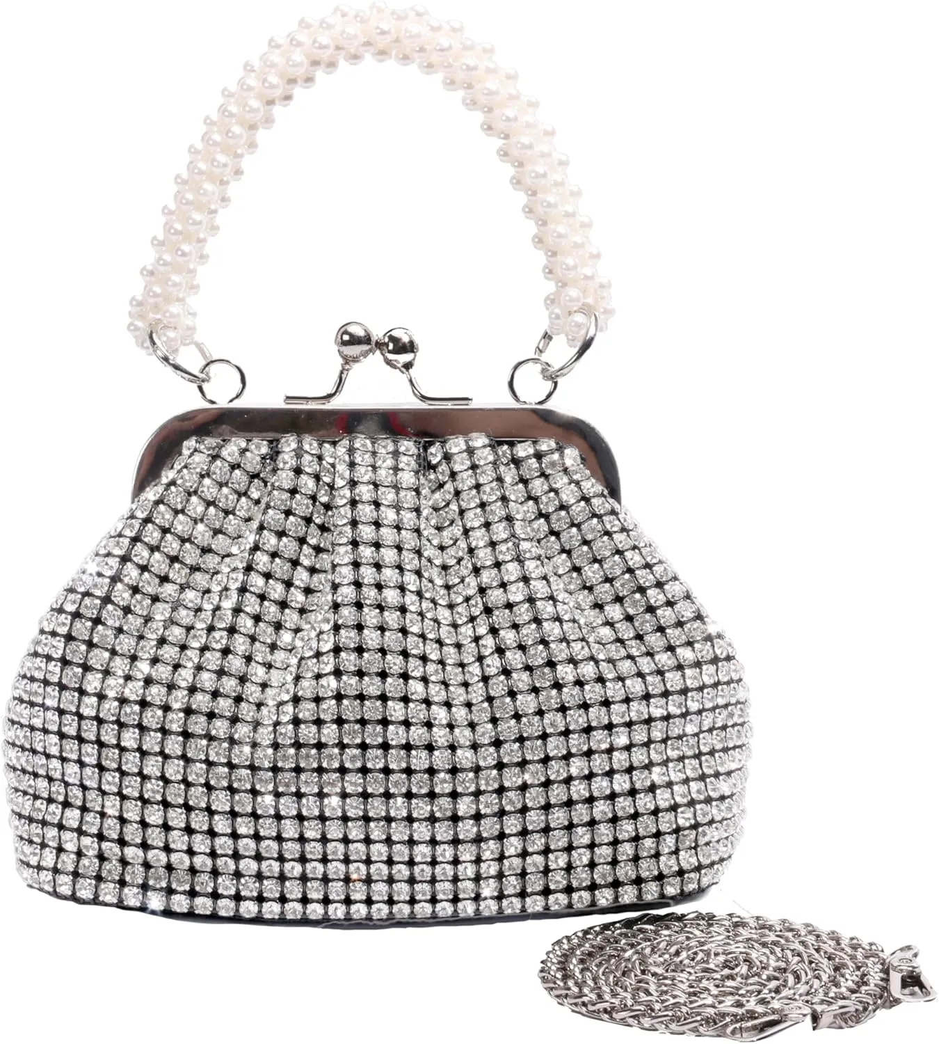 Women Evening Bag Pearl Strap Clutch Purse Bling Crystal Sparkly Rhinestone Handbag for Wedding Prom Party