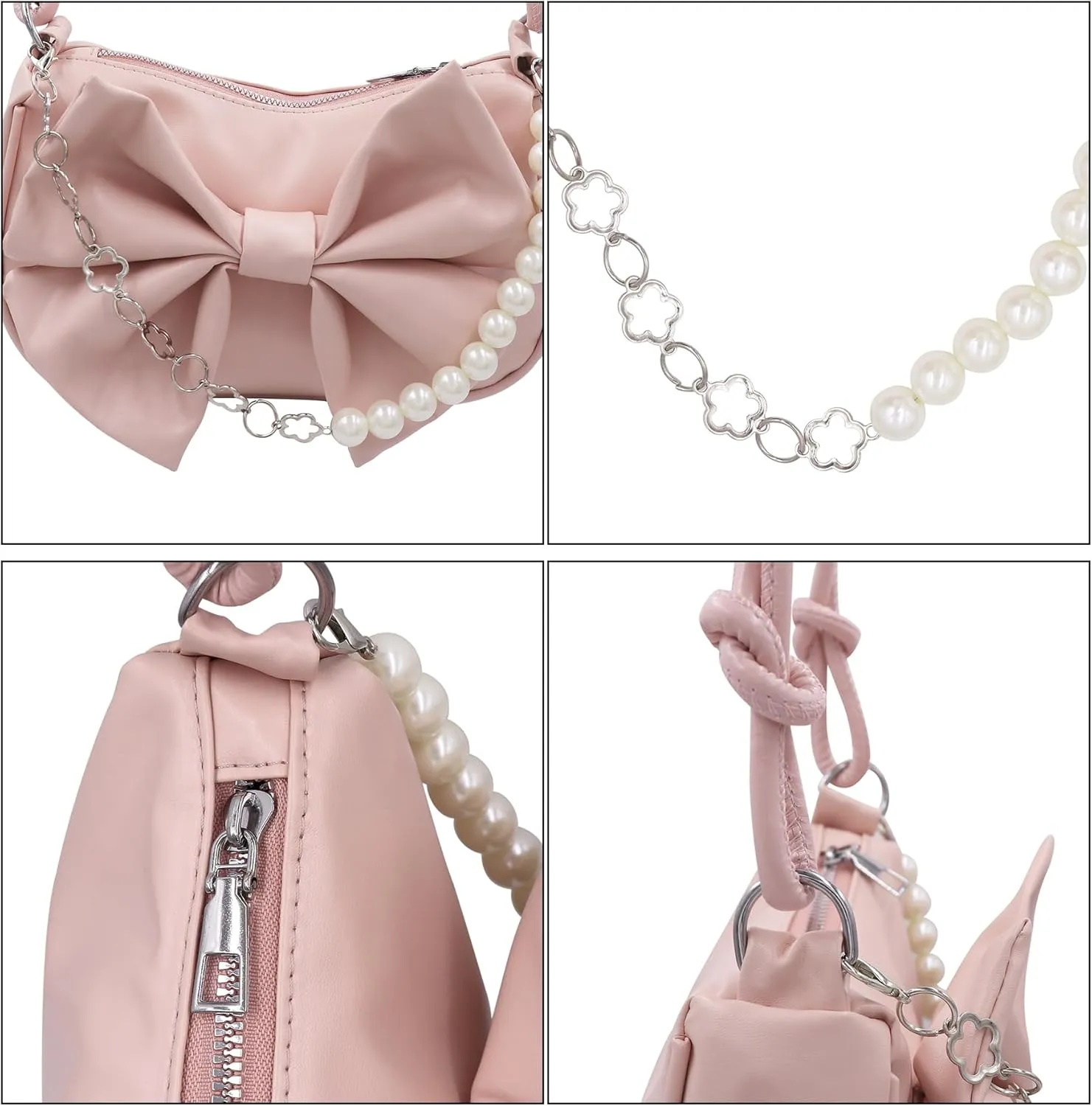 Women Girls Retro Hobo Handbag Underarm Shoulder Bag Pearls Handle Clutch Pouch Tote Bag for Wedding Party Travel,Pink