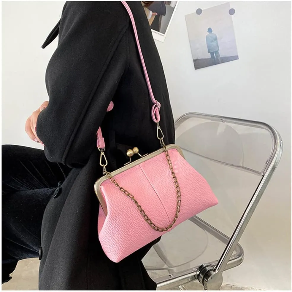 Women Kiss Lock Tote Handbag Classical Retro Shoulder Purses Chain Strap Clutch