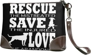 Women Leather Clutch Purse Wristlet Handbag Rescue Dog Save Love Small Cell Phone Purse With Wrist Straps