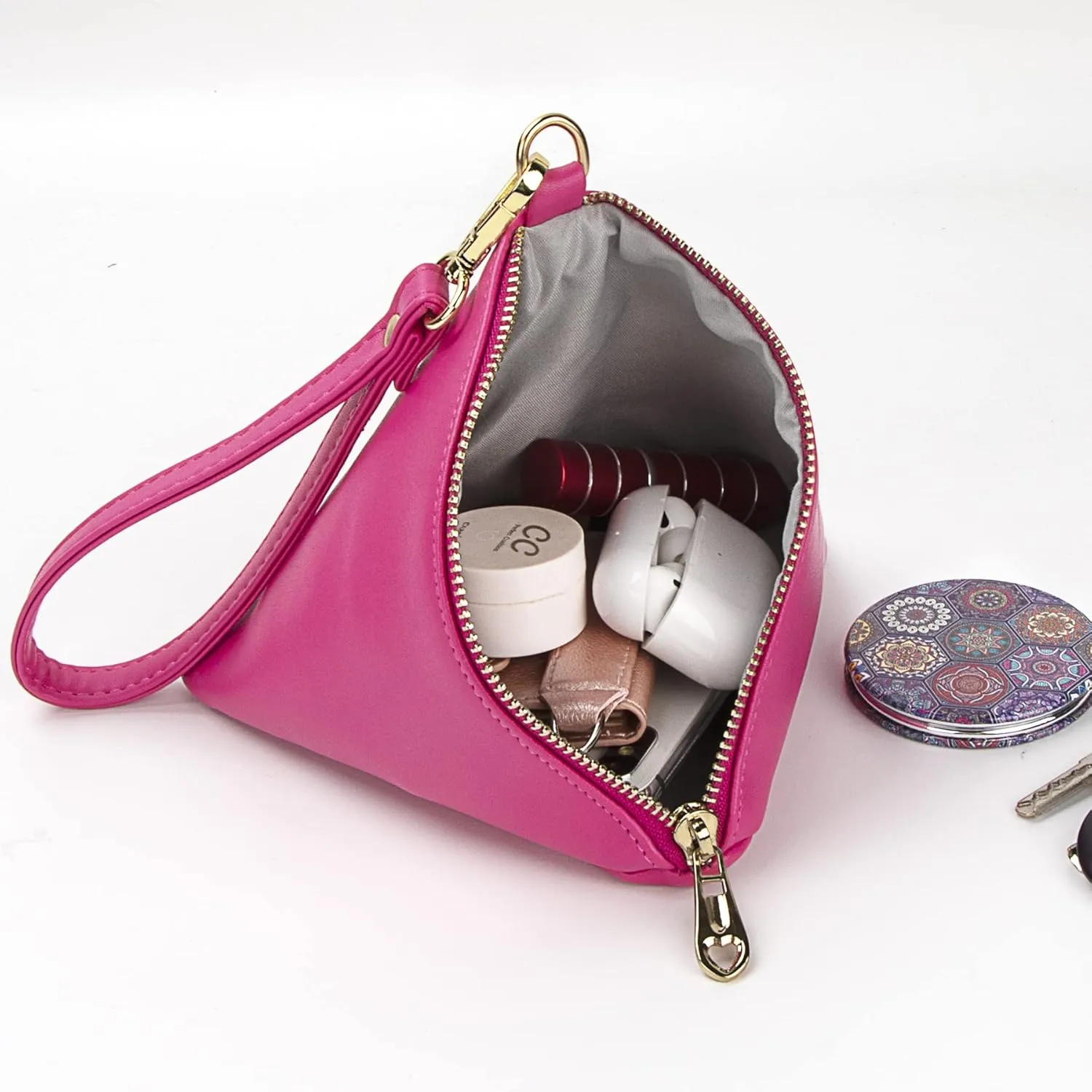 Women Leather Clutch Wallet Triangle Wristlet Purse with Wrist Strap