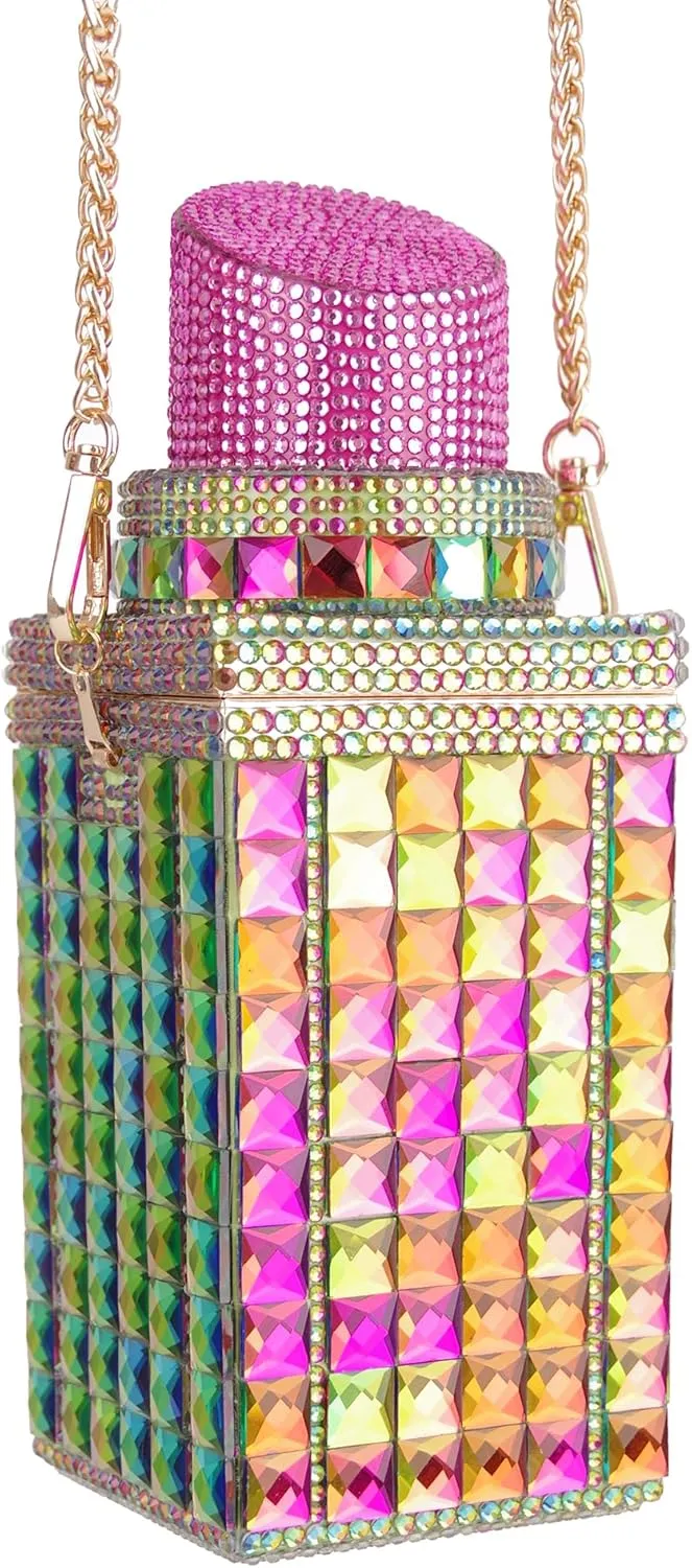 Women Lipstick Shape Inlaid Rhinestone Crystal Glitter Evening Bags Purses Clutch Sparkly Banquet Handbag