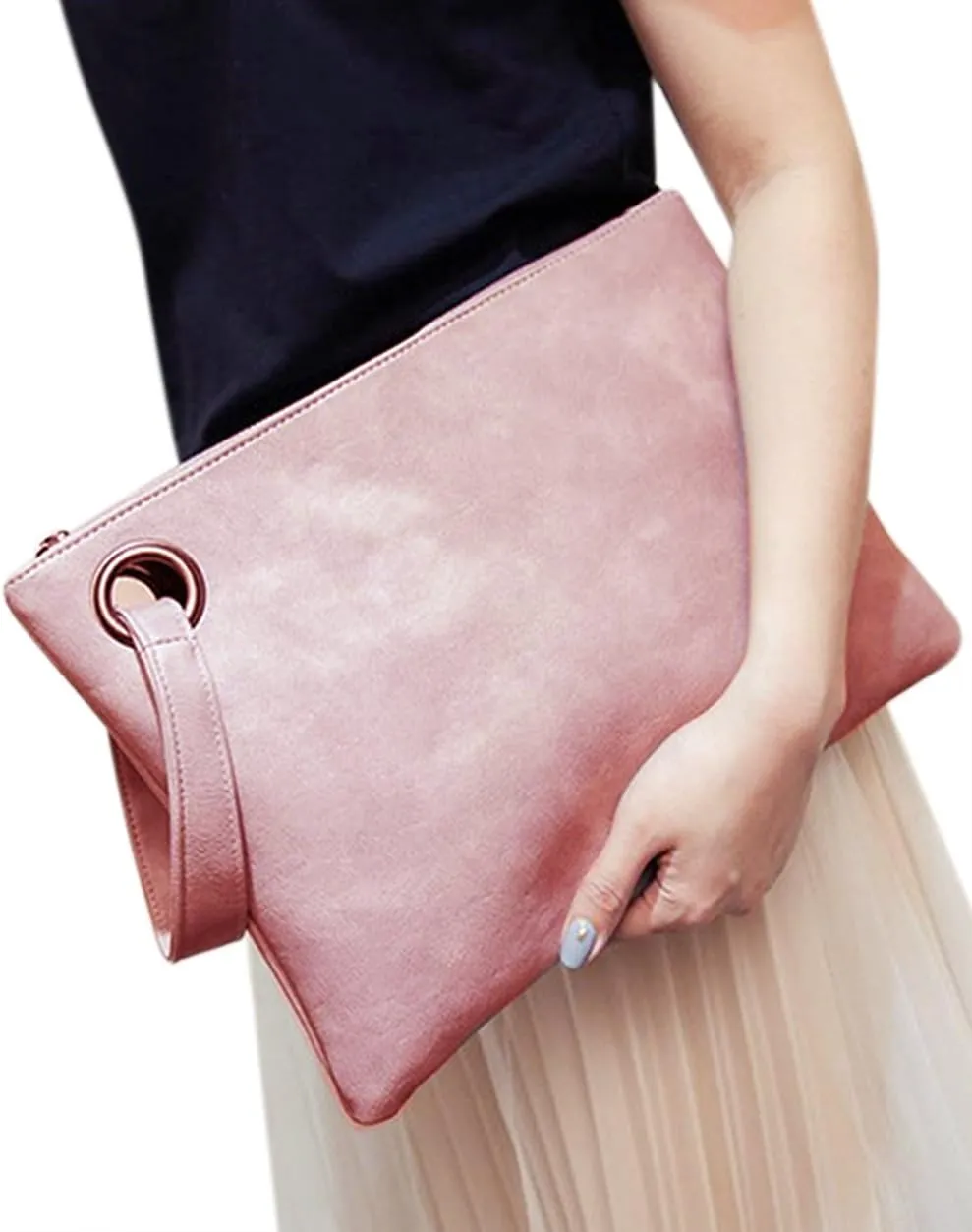 Women Oversized Envelope Handbag Soft Leather Clutch Evening Bag Purse with Wrist Strap