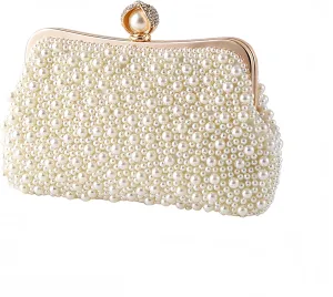 Women Pearl Evening Bag Bride Beaded Clutch Purse Cream White for Wedding Party