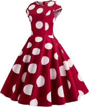 Women Short 1950s Retro Vintage Cocktail Party Swing Dresses Polka Dot Cap Sleeves Crewneck Summer Prom Formal Dress