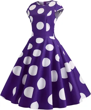 Women Short 1950s Retro Vintage Cocktail Party Swing Dresses Polka Dot Cap Sleeves Crewneck Summer Prom Formal Dress