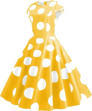 Women Short 1950s Retro Vintage Cocktail Party Swing Dresses Polka Dot Cap Sleeves Crewneck Summer Prom Formal Dress