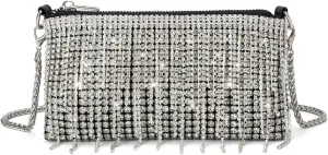 Women Sparkly Rhinestone Purse Tassel Crystal Diamond Crossbody Bag Silver Chain Clutch for Evening Prom Party
