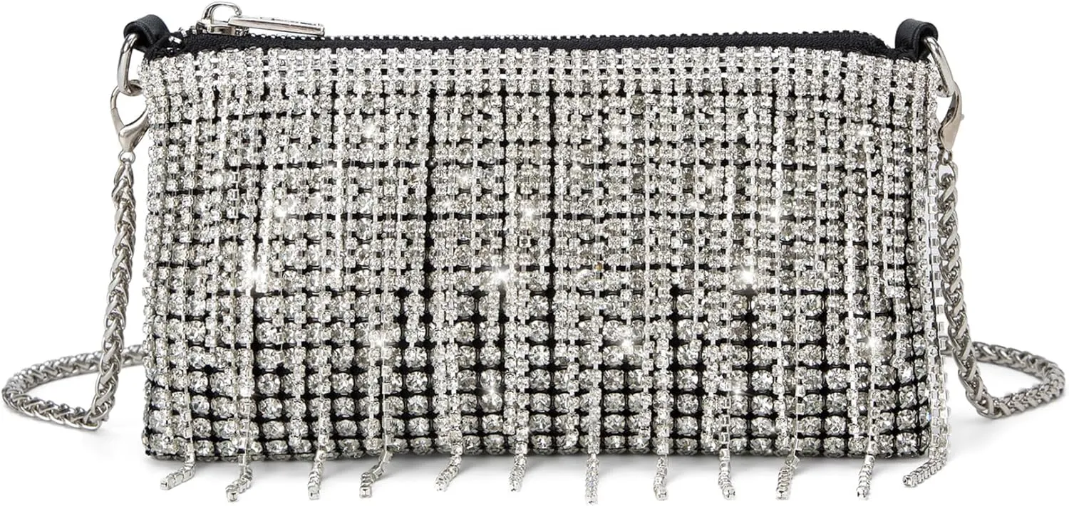 Women Sparkly Rhinestone Purse Tassel Crystal Diamond Crossbody Bag Silver Chain Clutch for Evening Prom Party