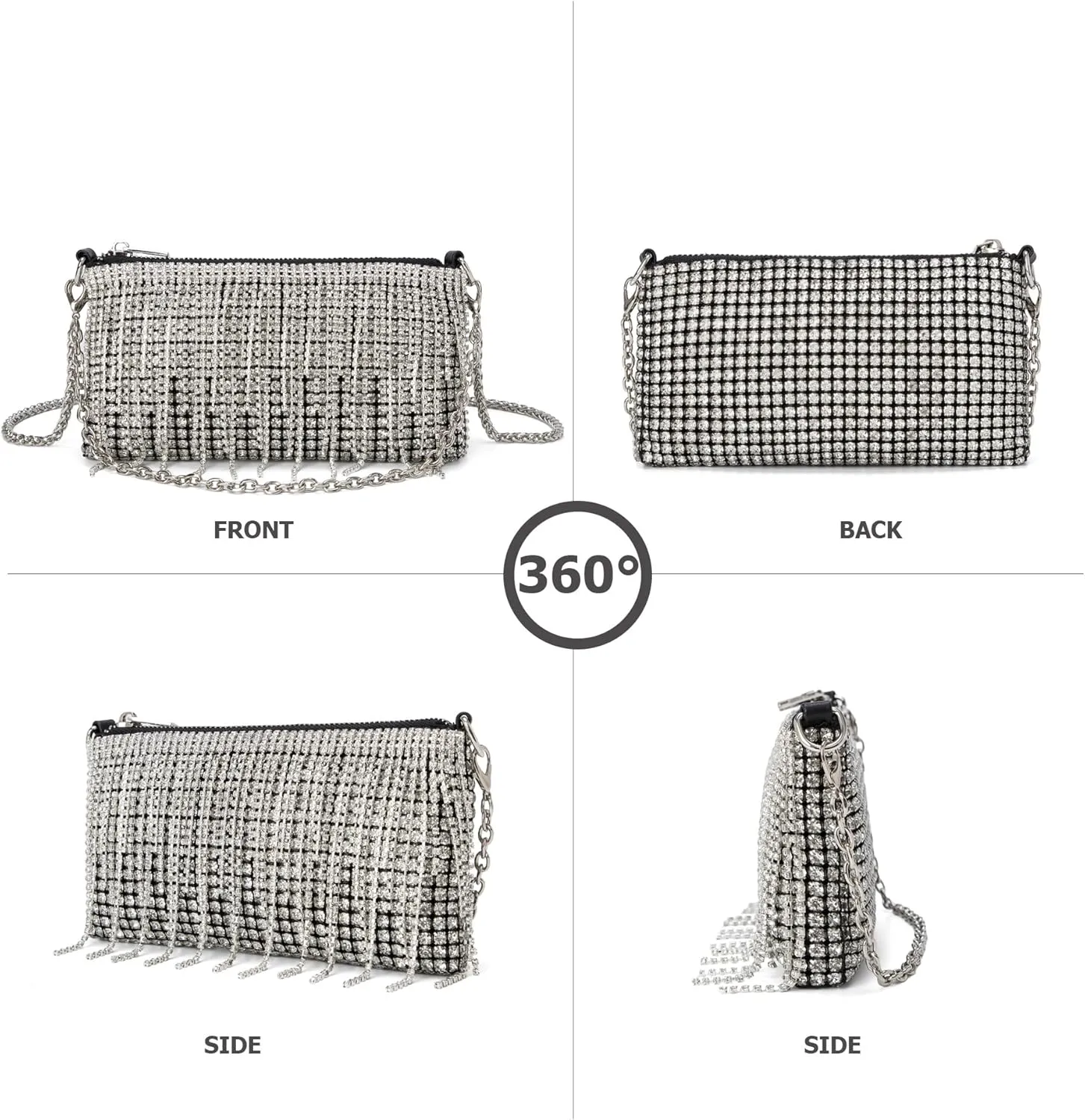 Women Sparkly Rhinestone Purse Tassel Crystal Diamond Crossbody Bag Silver Chain Clutch for Evening Prom Party