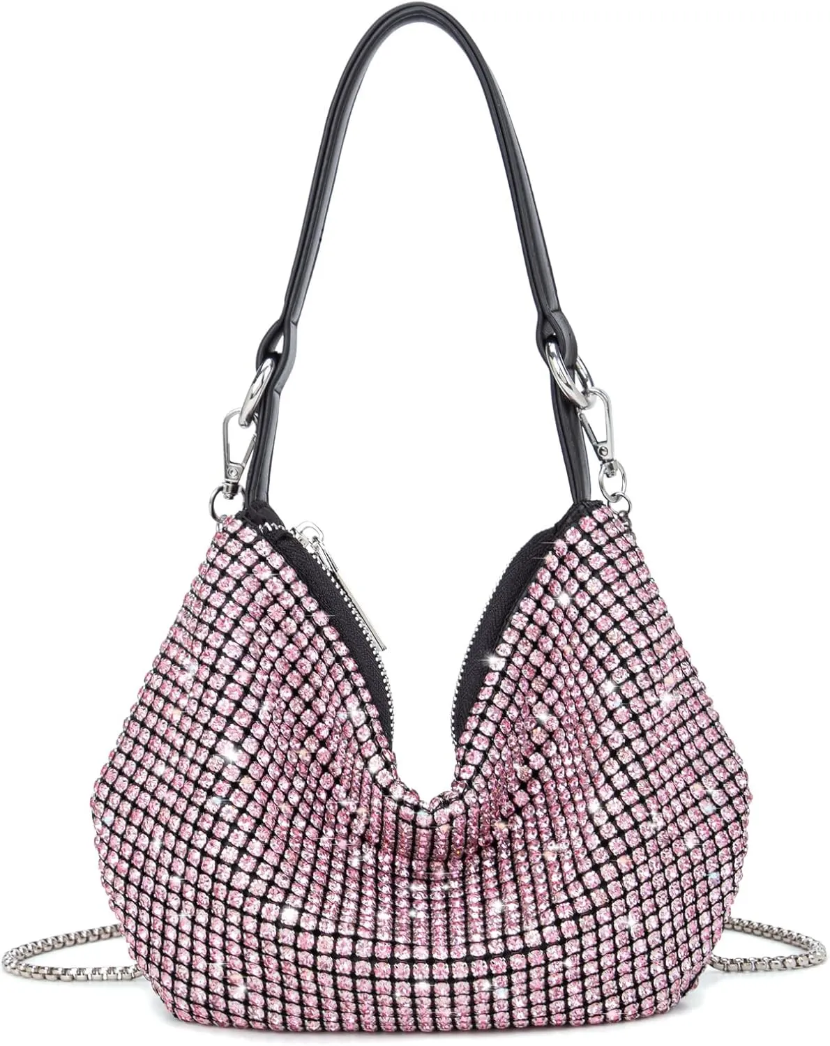 Women Sparkly Rhinestone Purse Tassel Crystal Diamond Crossbody Bag Silver Chain Clutch for Evening Prom Party
