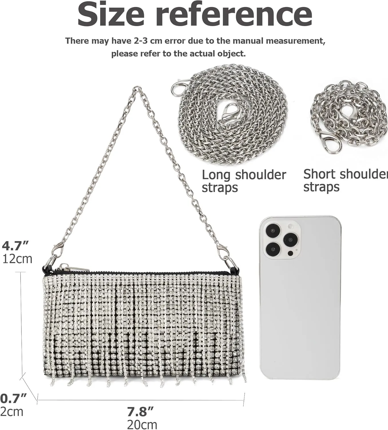 Women Sparkly Rhinestone Purse Tassel Crystal Diamond Crossbody Bag Silver Chain Clutch for Evening Prom Party