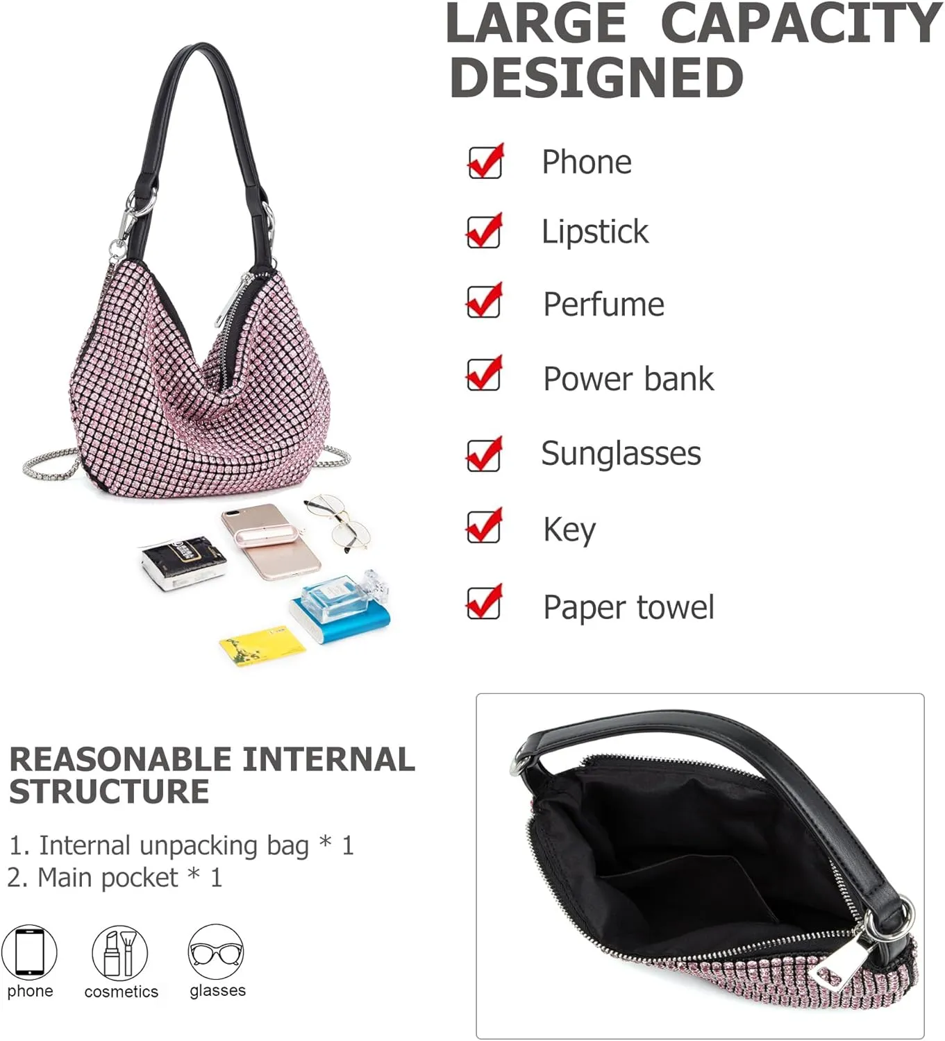 Women Sparkly Rhinestone Purse Tassel Crystal Diamond Crossbody Bag Silver Chain Clutch for Evening Prom Party