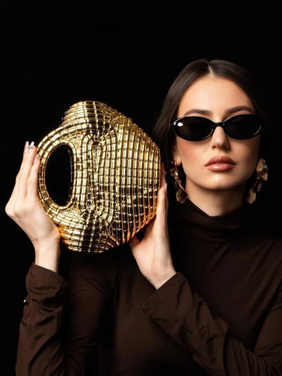 Women Trendy Metal Basket Shape Crossbody Bag Glitter Metallic Clutch Purse Unique Wedding Handbag for Prom Party
