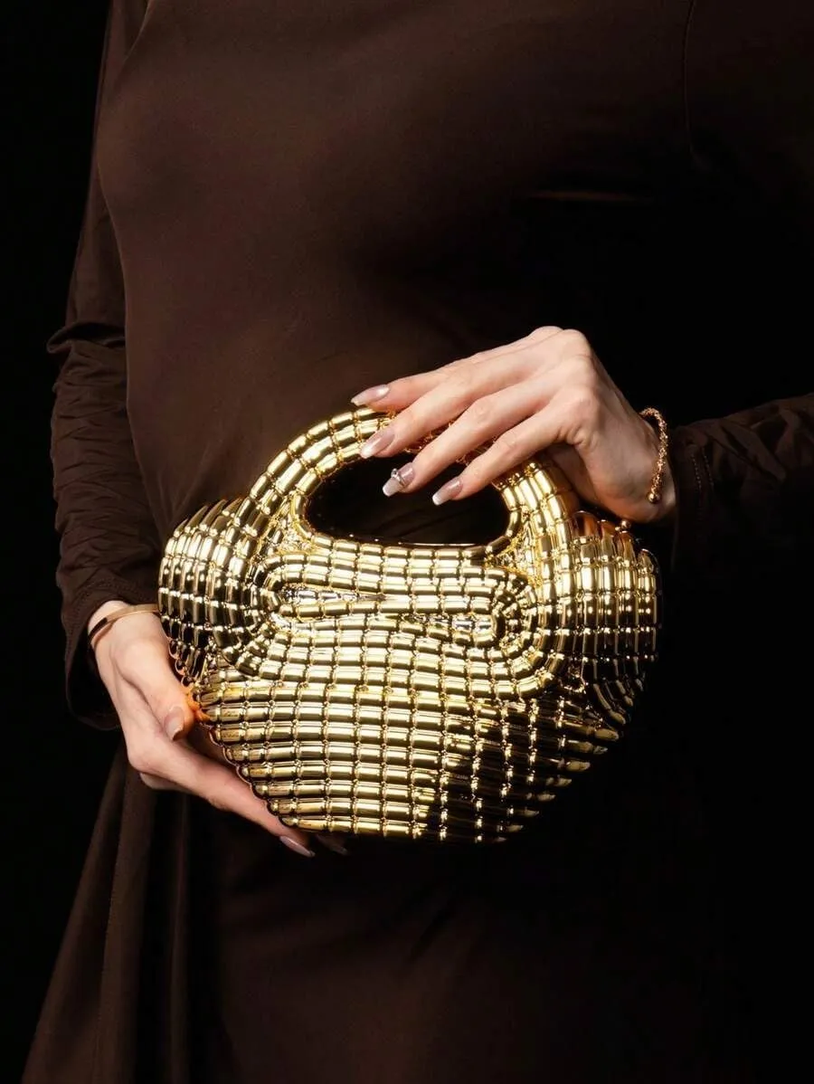 Women Trendy Metal Basket Shape Crossbody Bag Glitter Metallic Clutch Purse Unique Wedding Handbag for Prom Party