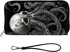 Women Wallets Large Capacity Clutch Purse for Men Women Ladies Slim Purse Credit Card Holder, RFID Blocking Wristlet Cell Phone Wallet for Men Women, Octopus Skull
