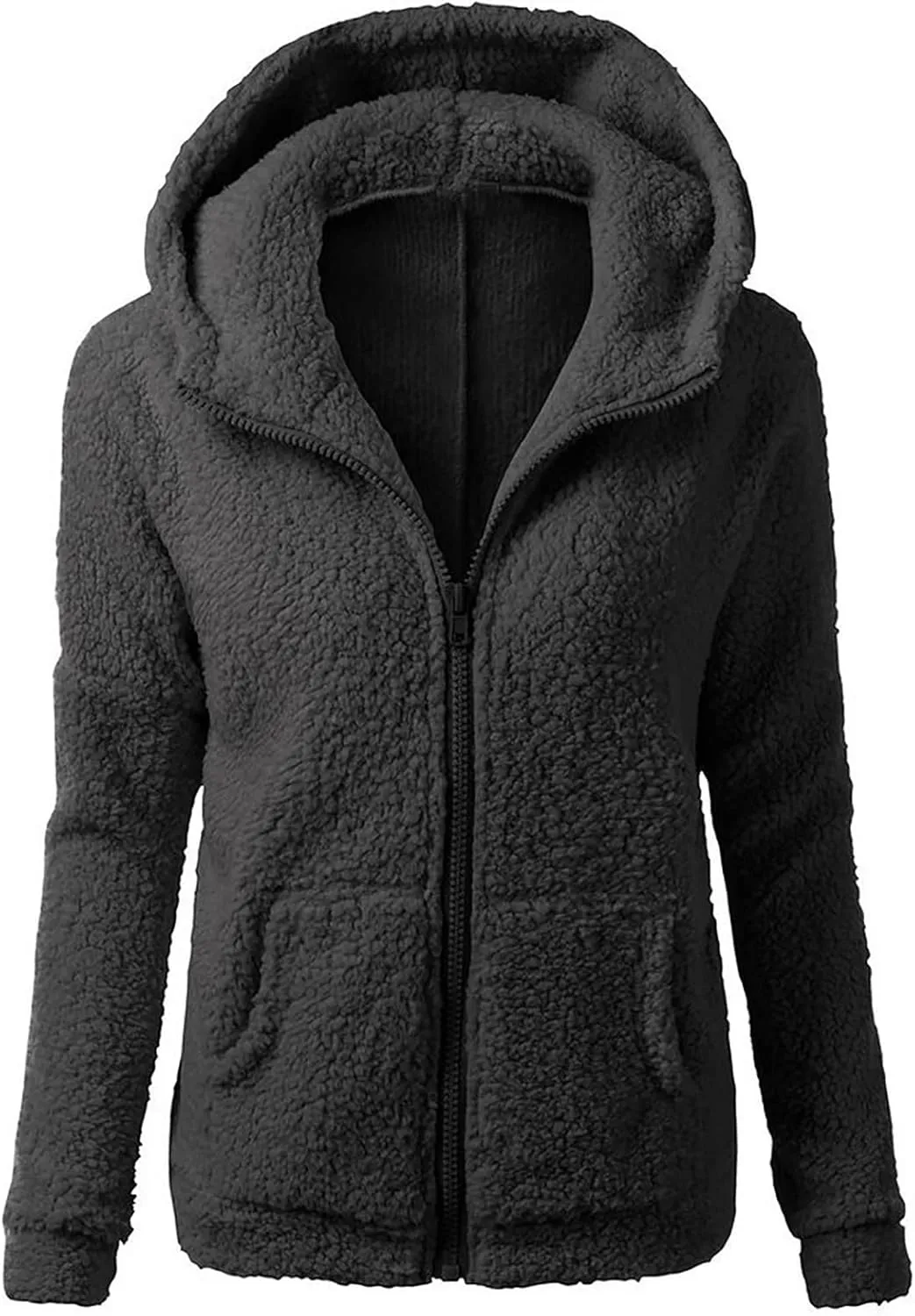 Women Zip Up Hoodies Fuzzy Fleece Long Sleeve Solid Color Hooded Jacket Slim Fit Casual Warm Clothes with Pocket