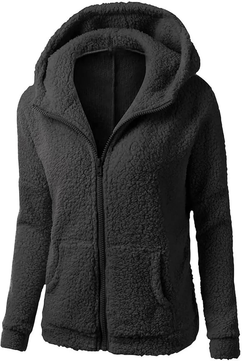 Women Zip Up Hoodies Fuzzy Fleece Long Sleeve Solid Color Hooded Jacket Slim Fit Casual Warm Clothes with Pocket