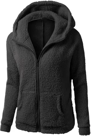 Women Zip Up Hoodies Fuzzy Fleece Long Sleeve Solid Color Hooded Jacket Slim Fit Casual Warm Clothes with Pocket