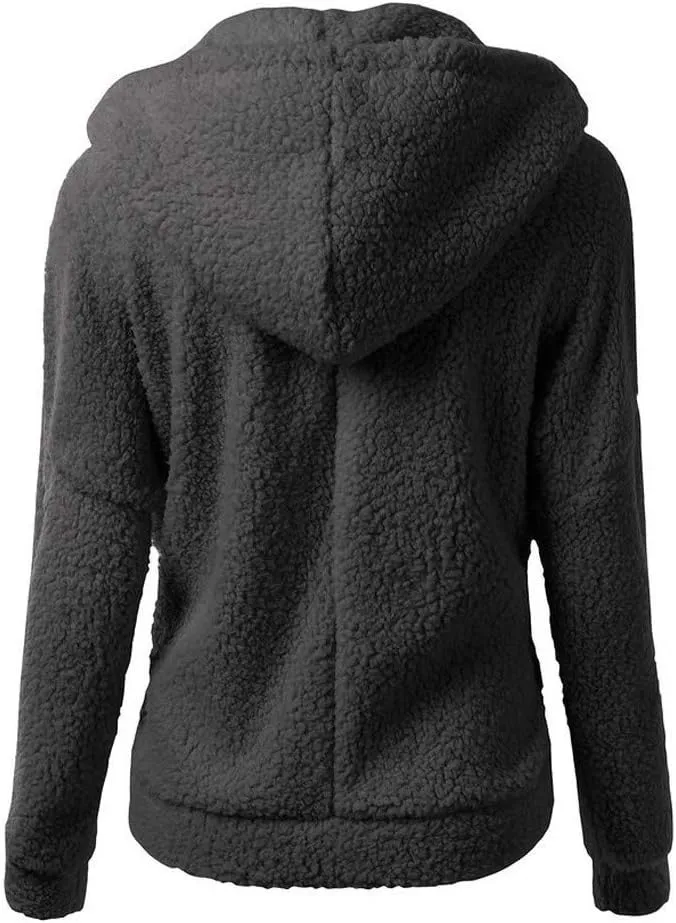 Women Zip Up Hoodies Fuzzy Fleece Long Sleeve Solid Color Hooded Jacket Slim Fit Casual Warm Clothes with Pocket