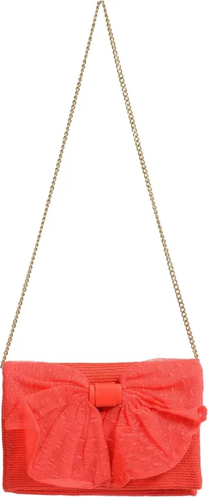 Women's Coral Pink Bow Decorated Clutch Shoulder Bag