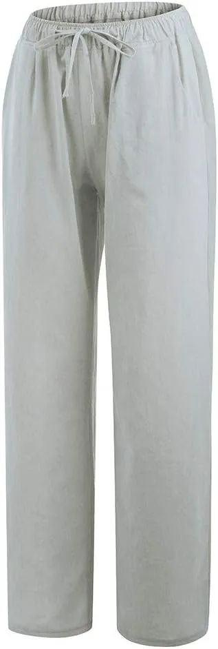 Women's Cotton Linen Summer Cropped Pants Elastic Waist Wide Leg Loose Fit Palazzo Pants Travel