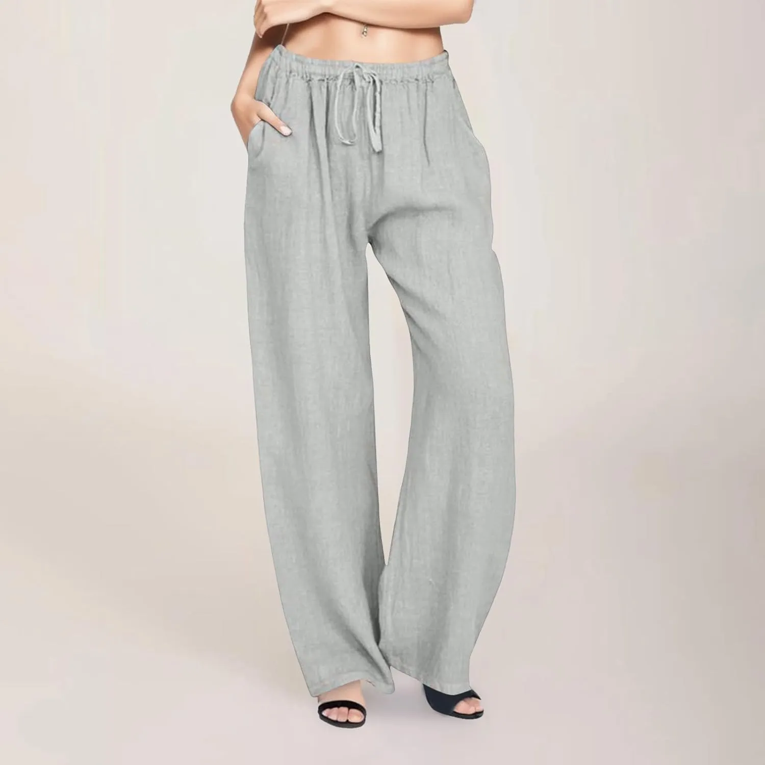 Women's Cotton Linen Summer Cropped Pants Elastic Waist Wide Leg Loose Fit Palazzo Pants Travel