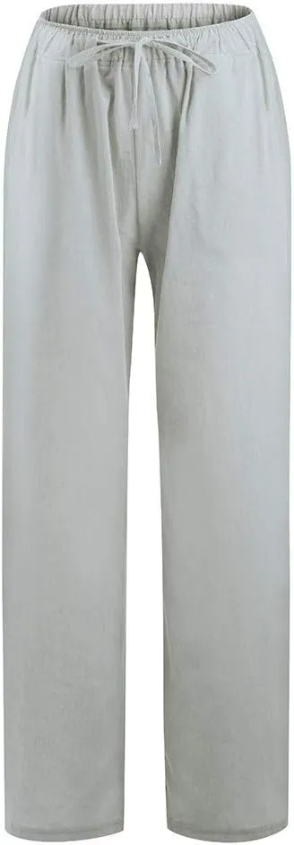 Women's Cotton Linen Summer Cropped Pants Elastic Waist Wide Leg Loose Fit Palazzo Pants Travel