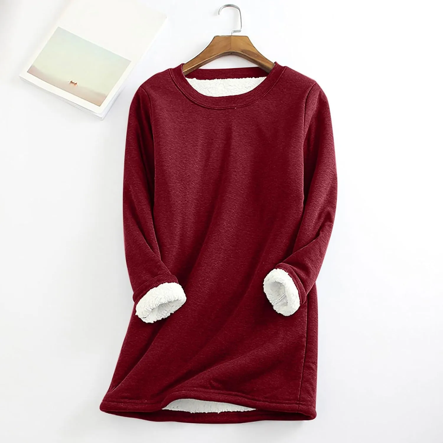 Womens Fall Winter Shirts 2023 Long Sleeve Crewneck Solid Sweatshirt Pullover Thickened and Lamb Wool Warm Clothes