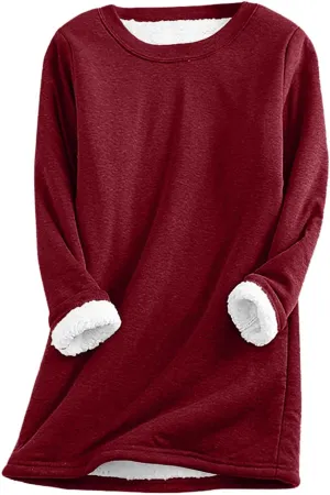 Womens Fall Winter Shirts 2023 Long Sleeve Crewneck Solid Sweatshirt Pullover Thickened and Lamb Wool Warm Clothes