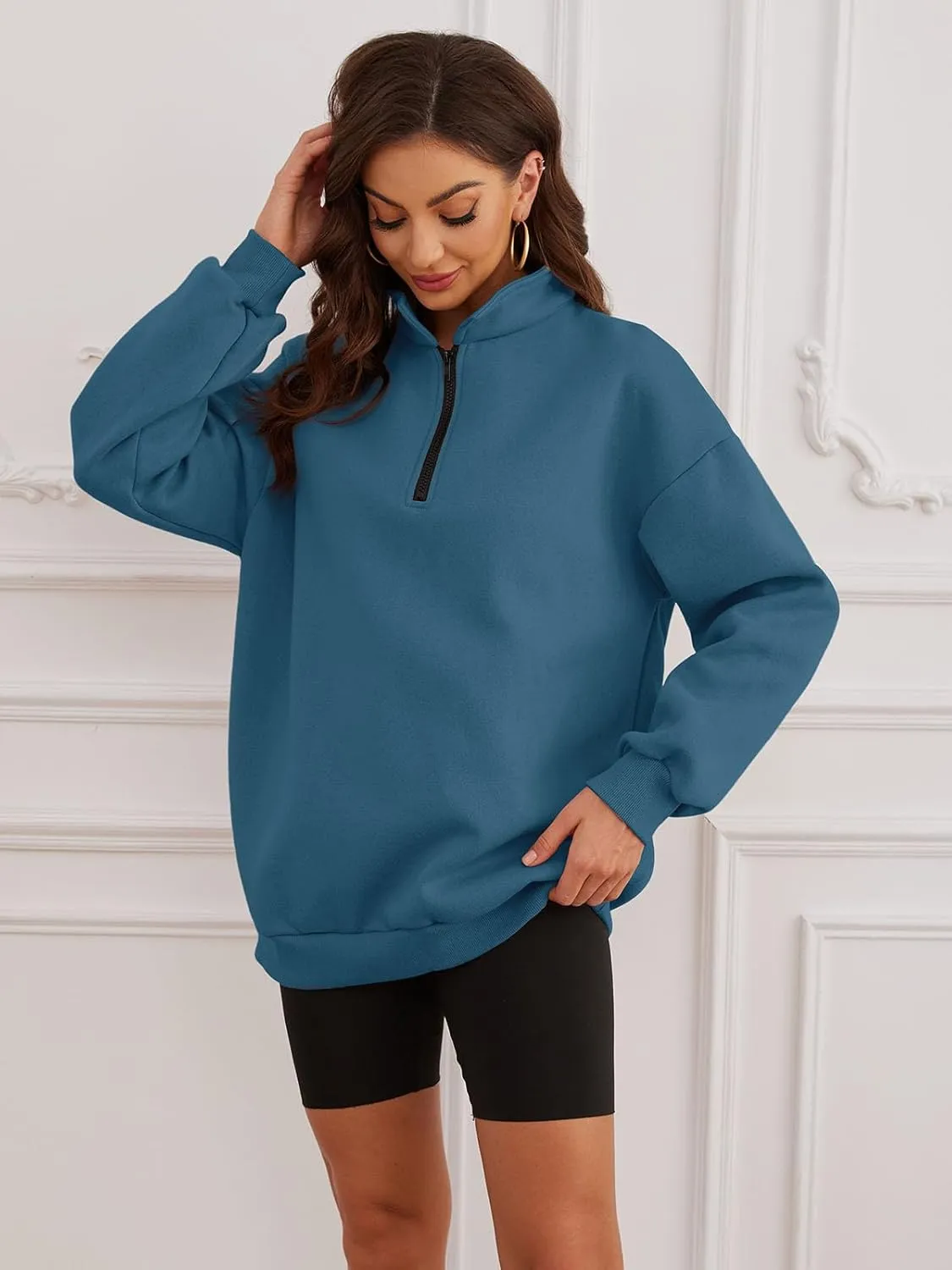 Womens Oversized Sweatshirts Quarter Zip Fleece Pullover Fall Fashion Outfits 2024 Y2K Winter Clothes