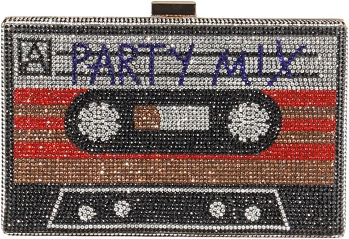 Women's Rhinestone Wedding Clutch Bag Cassette Tape Evening Bag Party Money Purses