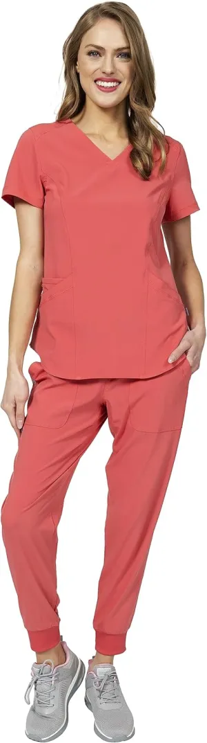 Womens Scrub Set Mock Wrap & Jogger Pants 7 Pocket 4-Way Stretch for Nurse Dentist Elements Select ES2956