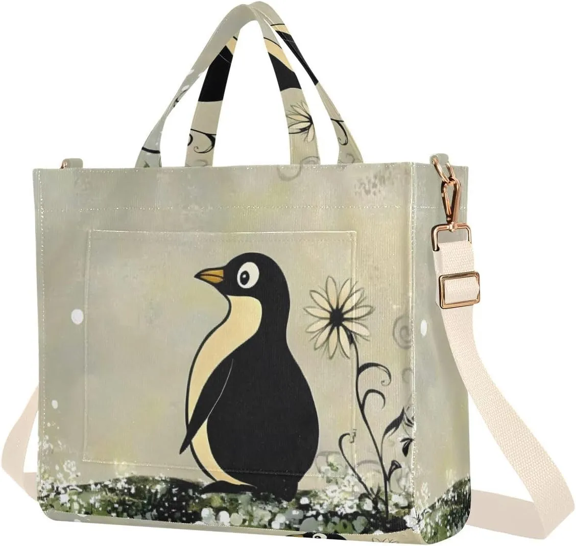 Women's Tote Bag Fairy Tale Penguin Print, Corduroy Handbags Purses with Detachable Strap Small