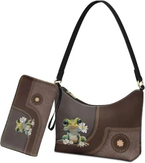 Womens Underarm Shoulder Bag with Wallet Set Brown Under Arm Purses Crescent Top Handle Purse for Date Shopping