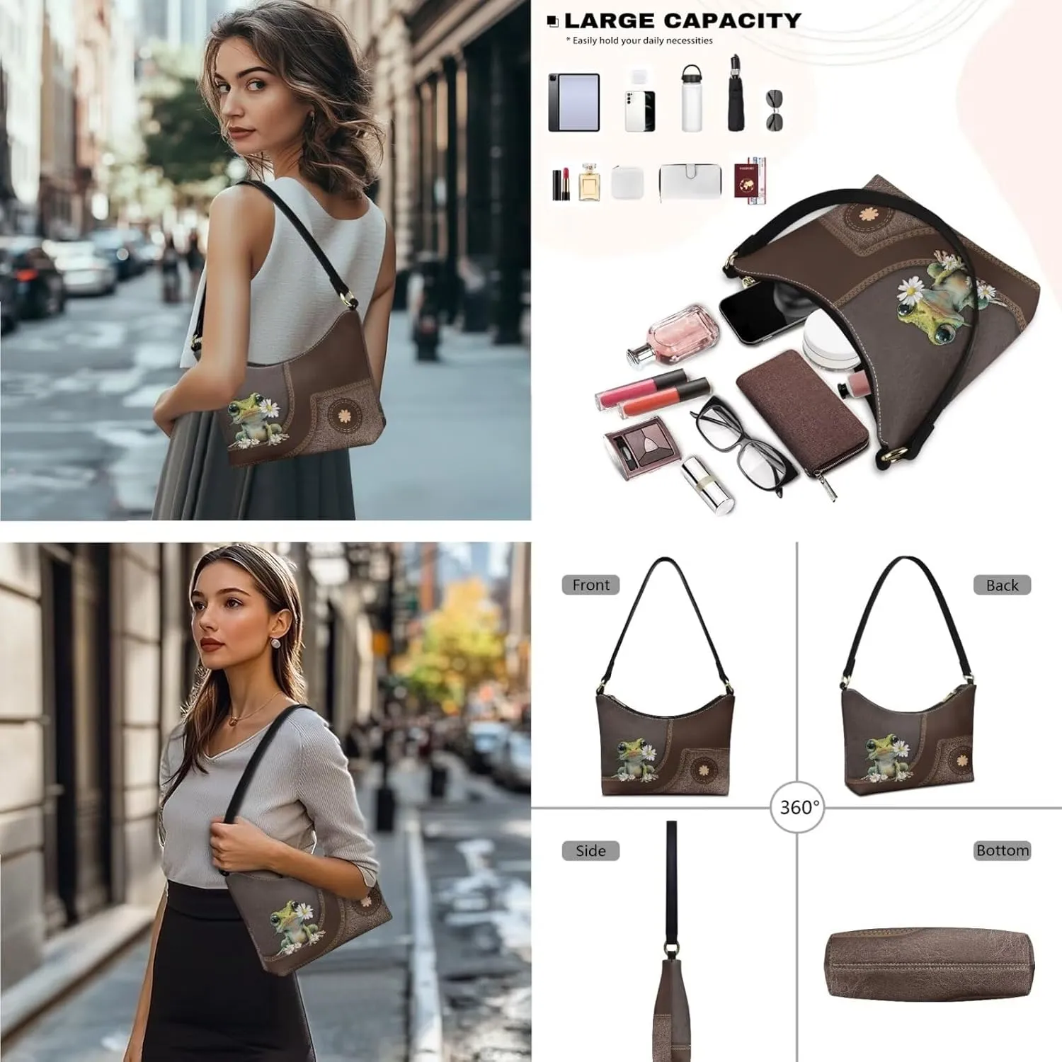 Womens Underarm Shoulder Bag with Wallet Set Brown Under Arm Purses Crescent Top Handle Purse for Date Shopping