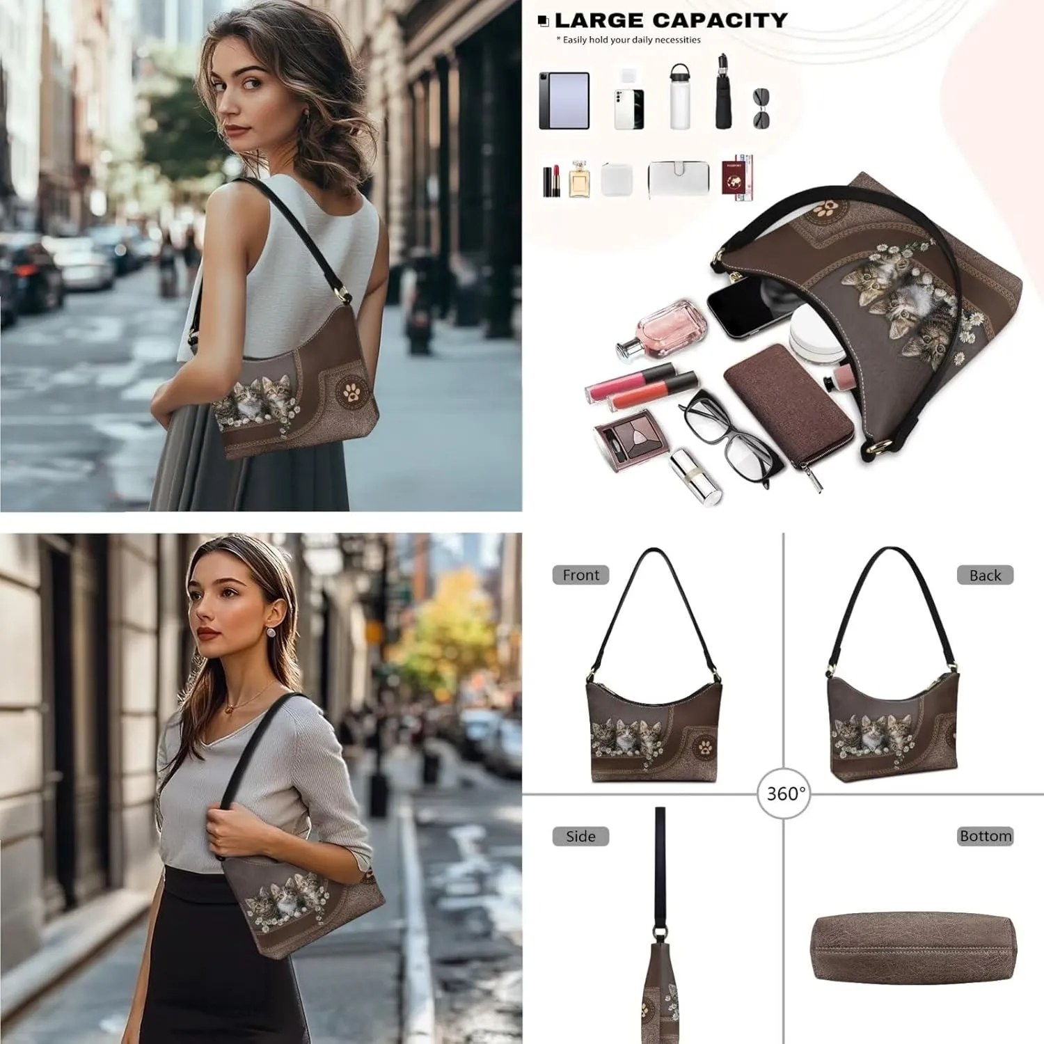 Womens Underarm Shoulder Bag with Wallet Set Brown Under Arm Purses Crescent Top Handle Purse for Date Shopping