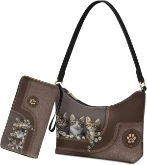 Womens Underarm Shoulder Bag with Wallet Set Brown Under Arm Purses Crescent Top Handle Purse for Date Shopping