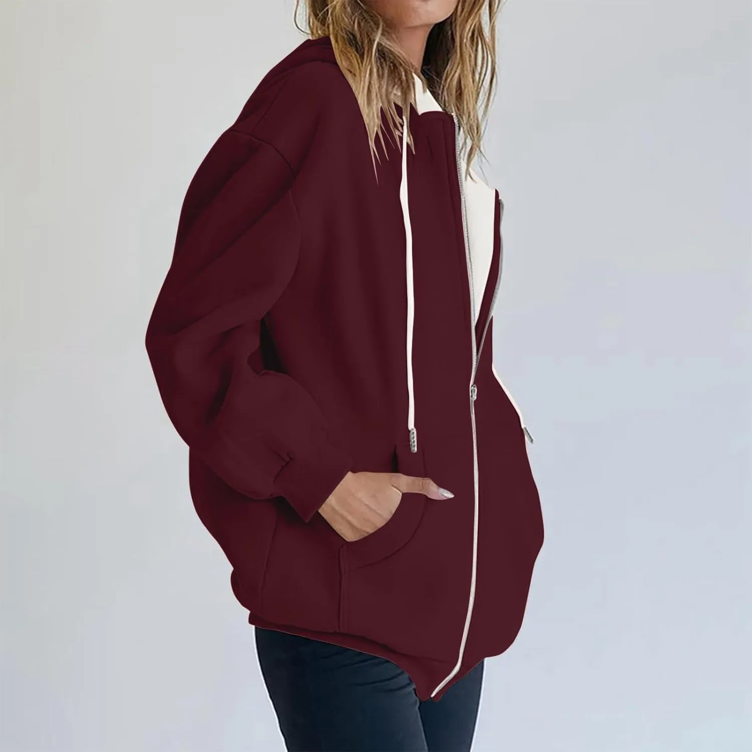 Womens Zip Up Hoodies Casual Oversized Fleece Sweatshirts Long Sleeve Jacket with Pockets 2024 Fall Sweatshirts