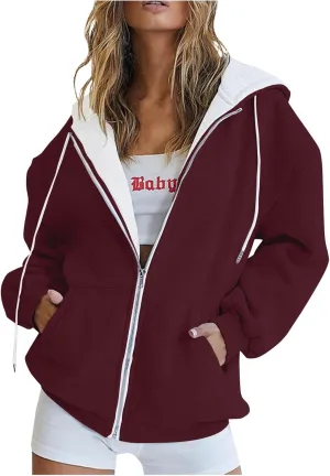 Womens Zip Up Hoodies Casual Oversized Fleece Sweatshirts Long Sleeve Jacket with Pockets 2024 Fall Sweatshirts