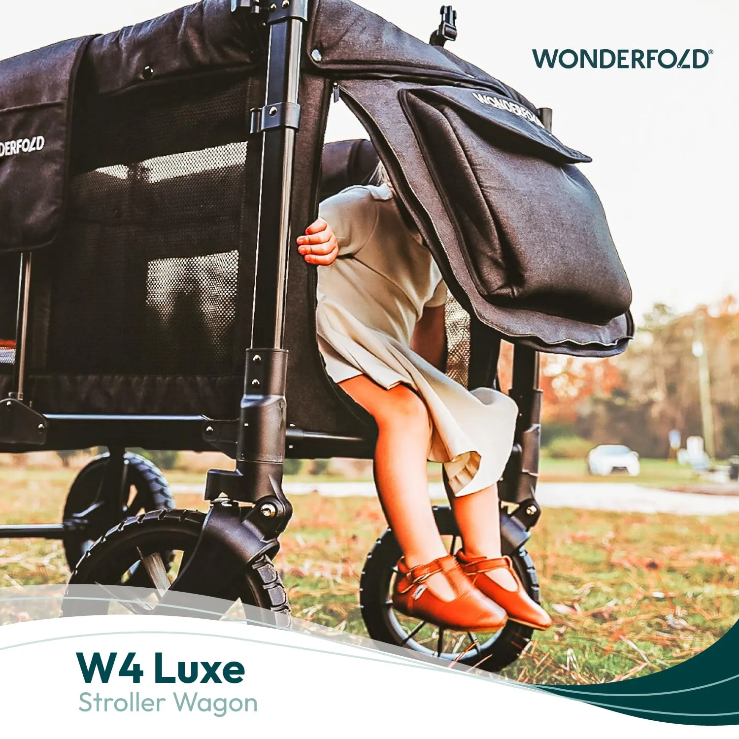 WONDERFOLD W4 Luxe Stroller Wagon (4 Seater) - Collapsible Wagon Stroller with Seats with Magnetic Buckle 5-Point Harnesses, Charcoal Gray-Black Frame