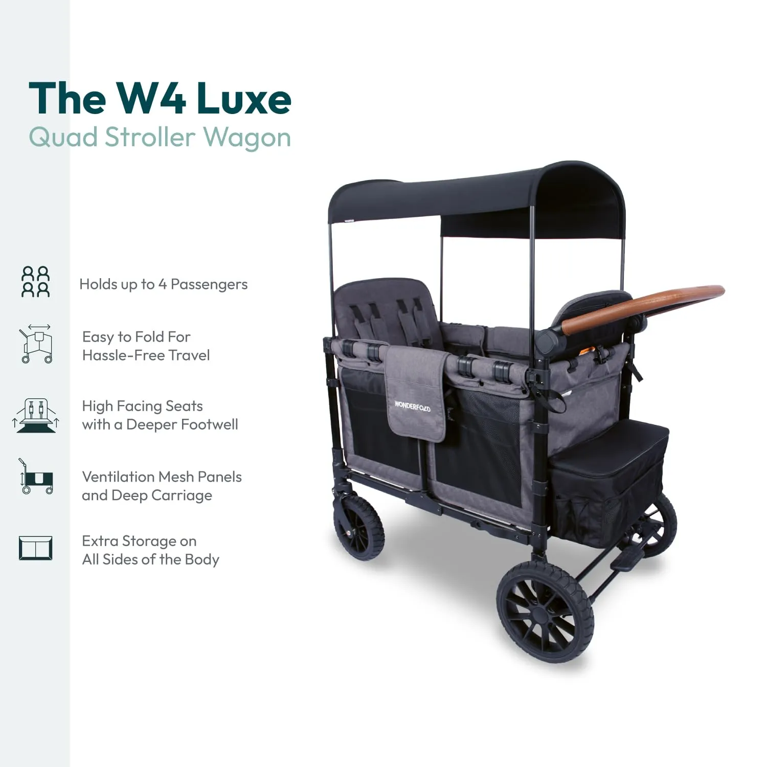 WONDERFOLD W4 Luxe Stroller Wagon (4 Seater) - Collapsible Wagon Stroller with Seats with Magnetic Buckle 5-Point Harnesses, Charcoal Gray-Black Frame